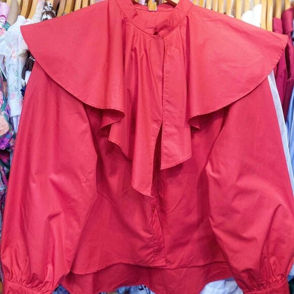 Tops - Red Ruffle Collar Long Sleeve Blouse